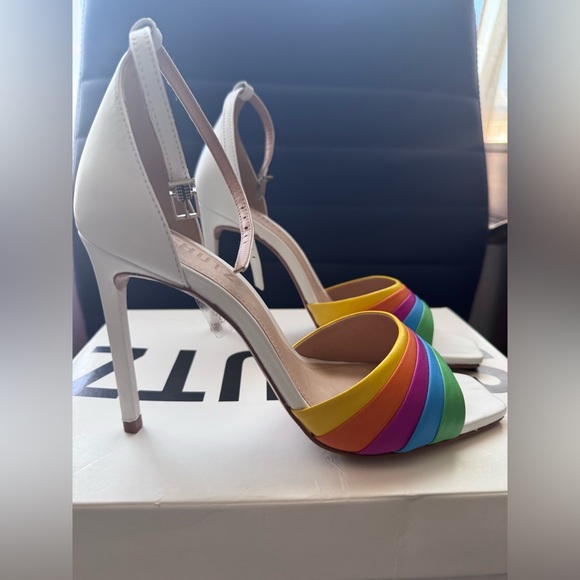 SCHUTZ White Ankle-Strap Stiletto with Rainbow Front Straps